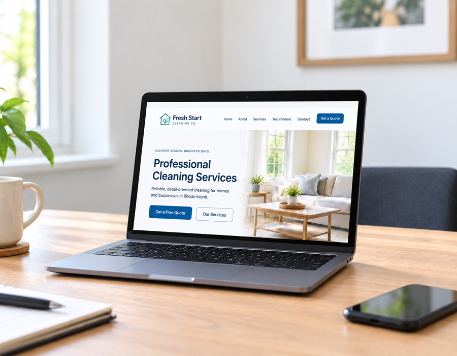 A laptop on a wooden desk showing a finished website for a cleaning company, demo business shown for illustration