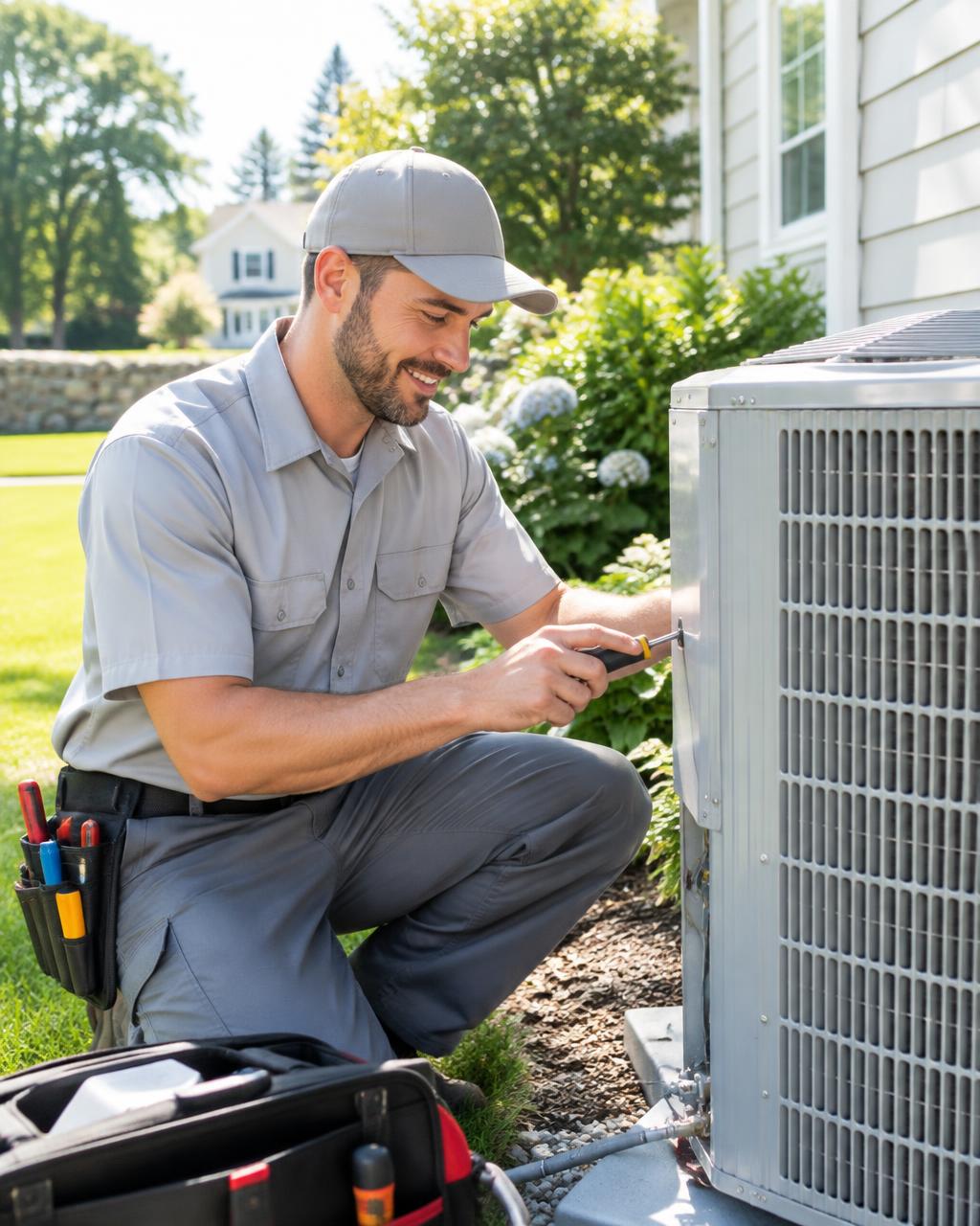 HVAC technician servicing an outdoor air conditioning unit outside a home