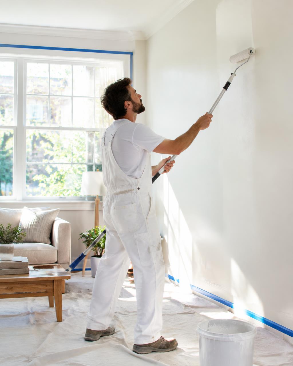 House painter rolling fresh paint onto a sunlit living room wall